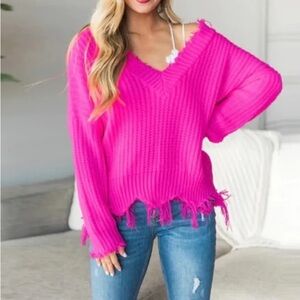 Destroyed Sweater in Fushia